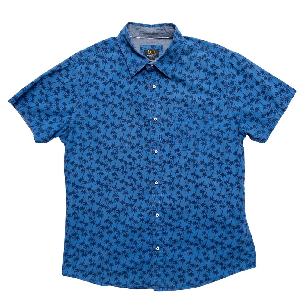 Lee Button Shirt Mens Large Blue Palm Tree Print‎ Short Sleeve